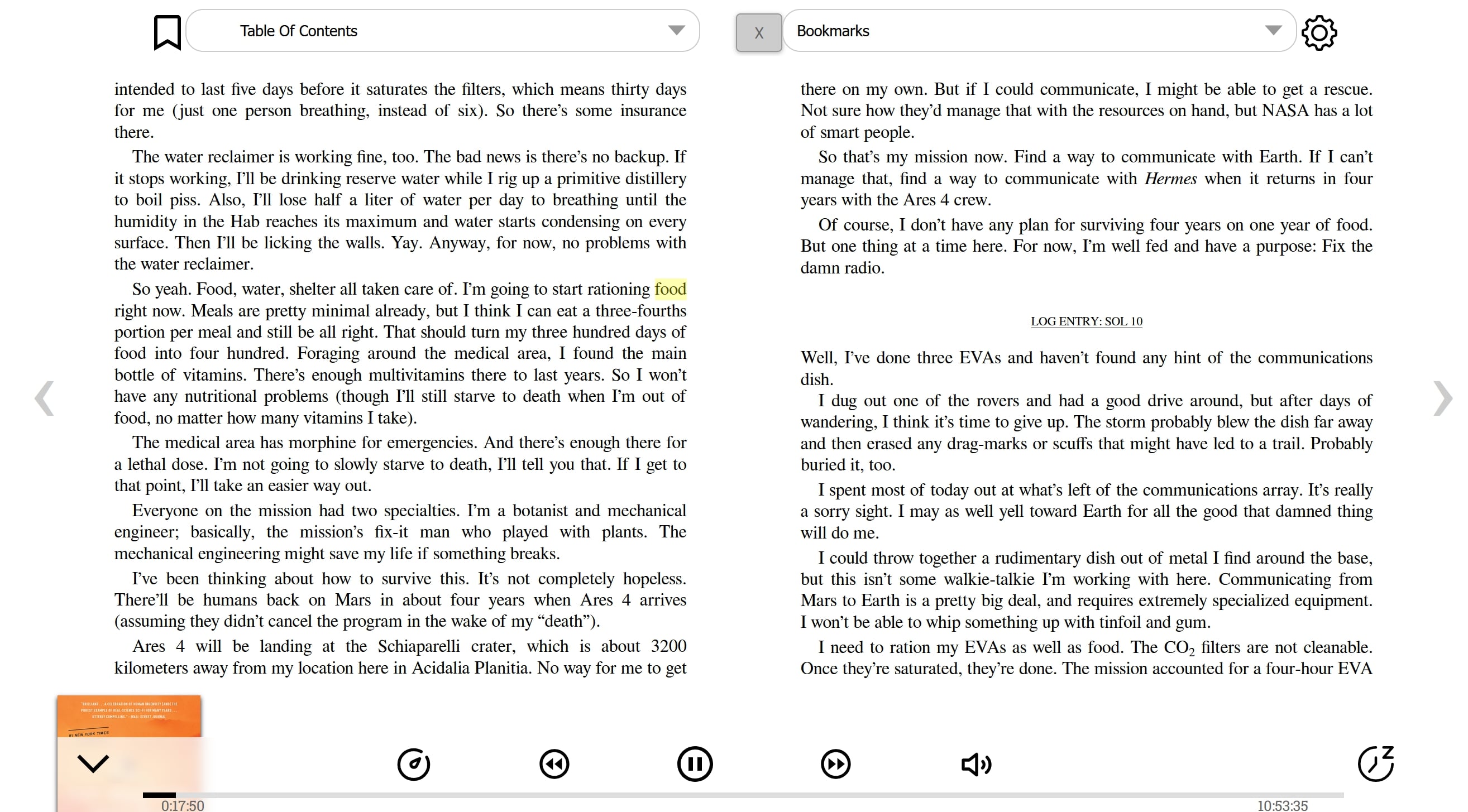 A passage from 'The Martian' showing the currently spoken text of the audiobook being highlighted on the page.