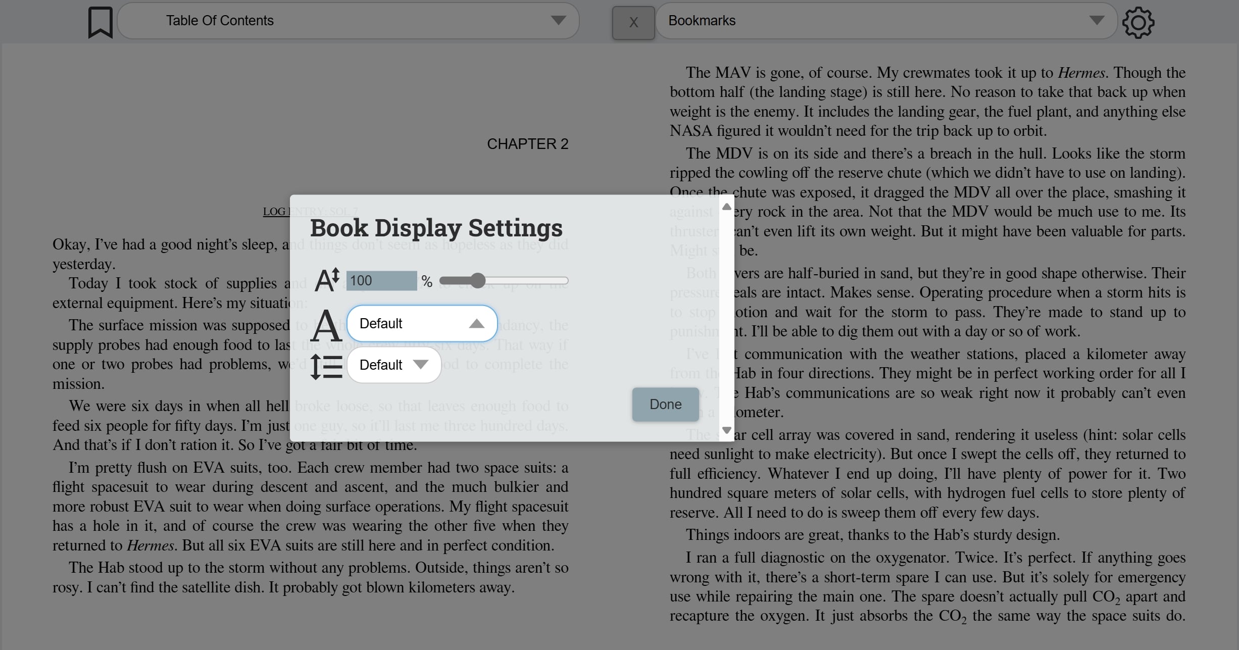 A settings modal inside of a book being read. The modal has options to change font, font size, and line spacing.
