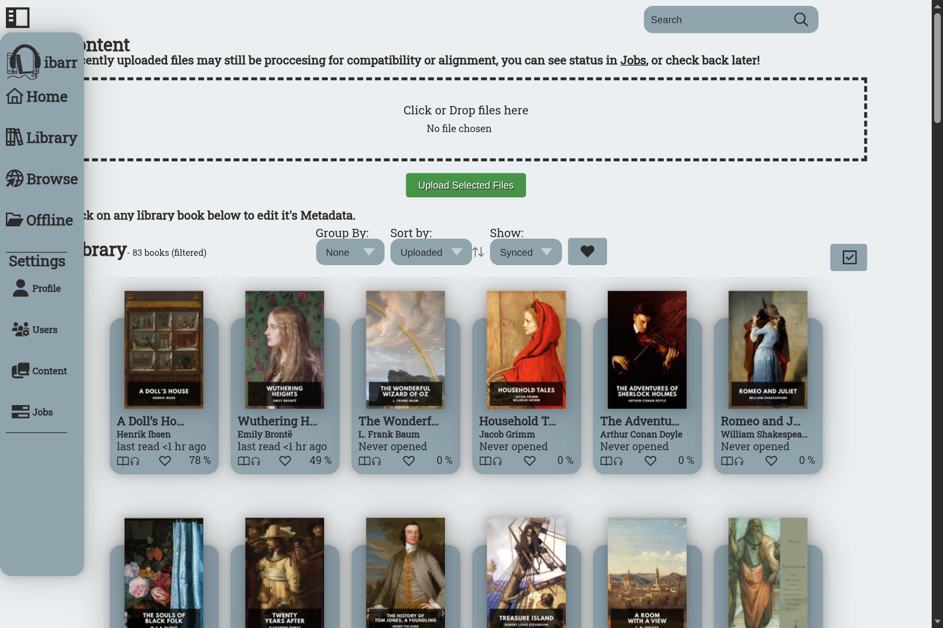 The Content Management page, with a file upload and current books