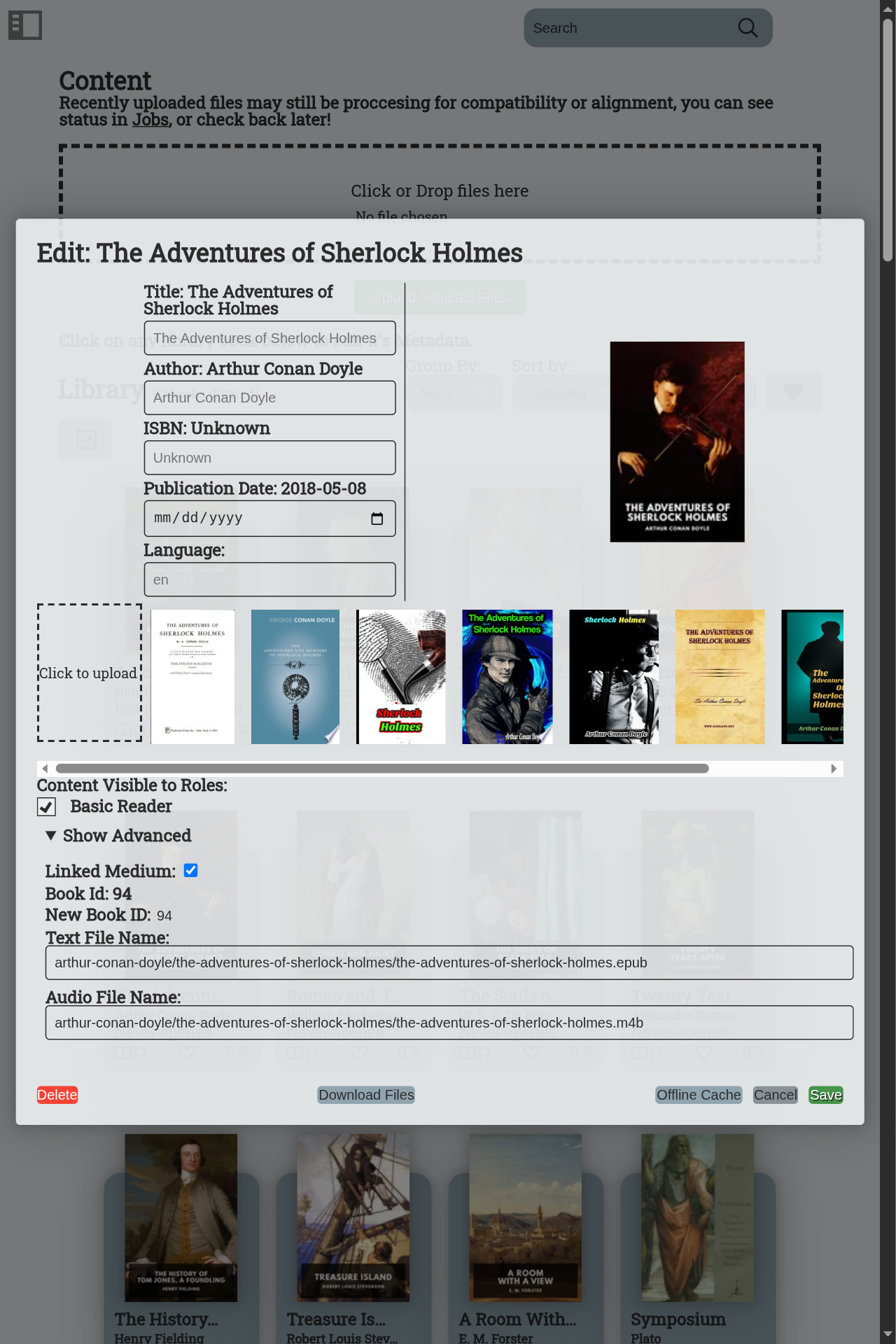 An image of the metadata for the book 'Sherlock Holmes' being changed, with various text boxes to change metadata, and different covers to use.