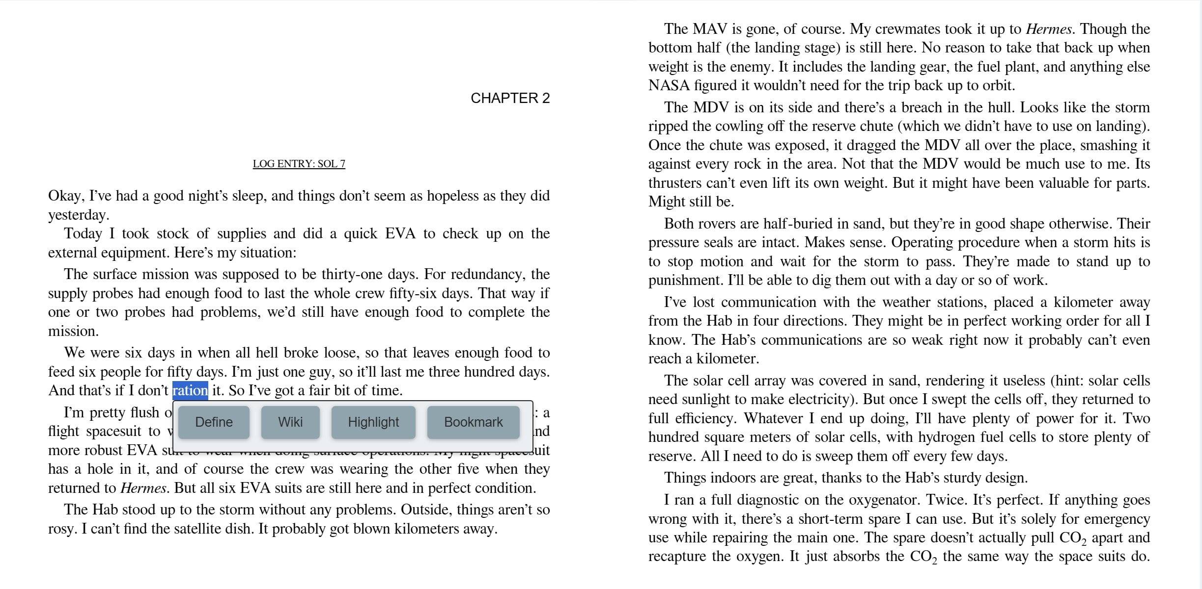 A passage of text from the book 'The Martian' that has been selected. The text selection has options for highlighting, bookmarking, defining, and 'Wiki'ing the text.