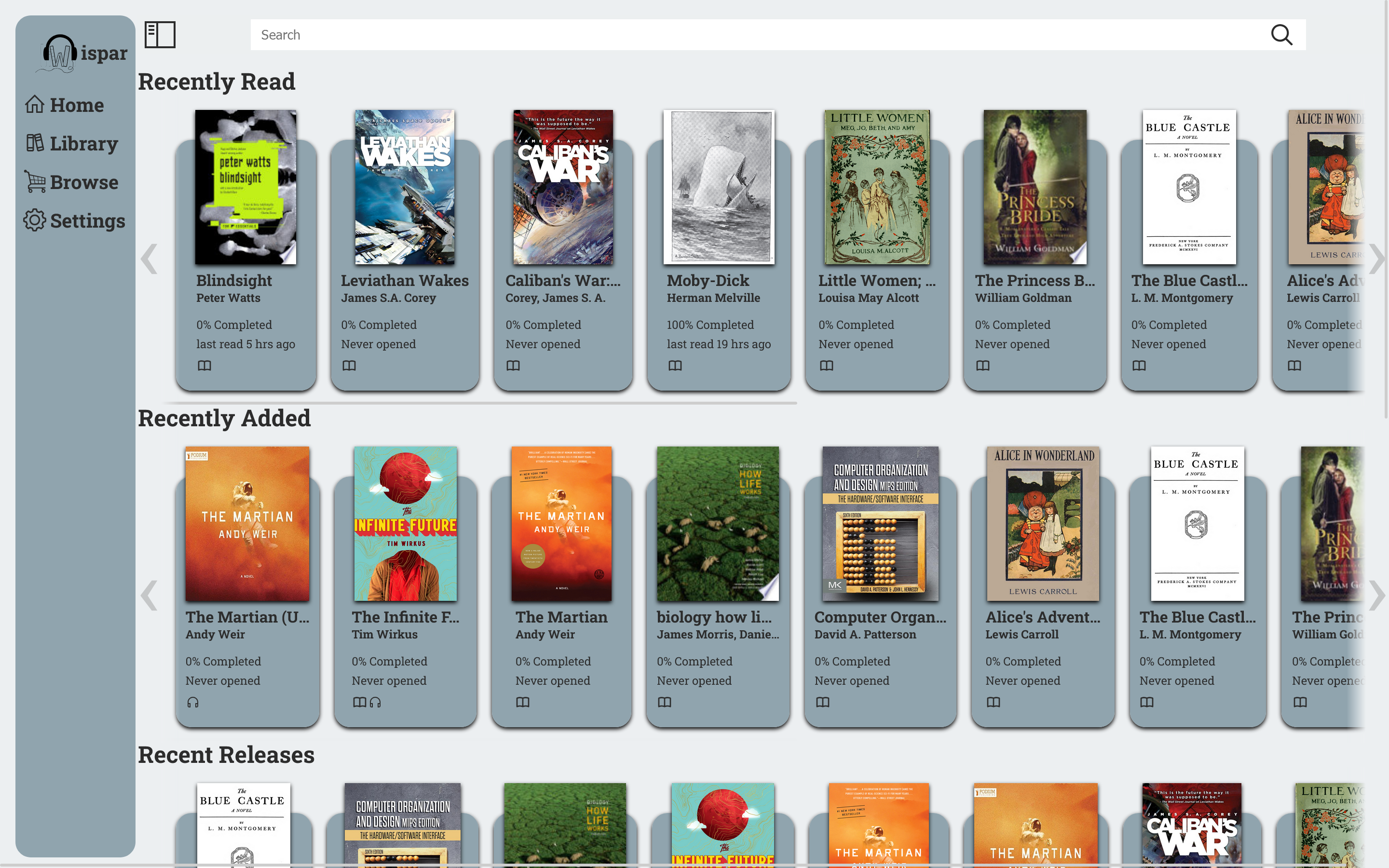 An image of the Libarr homepage, with two rows being shown. One for 'recently read' books, and another for 'recently added'.