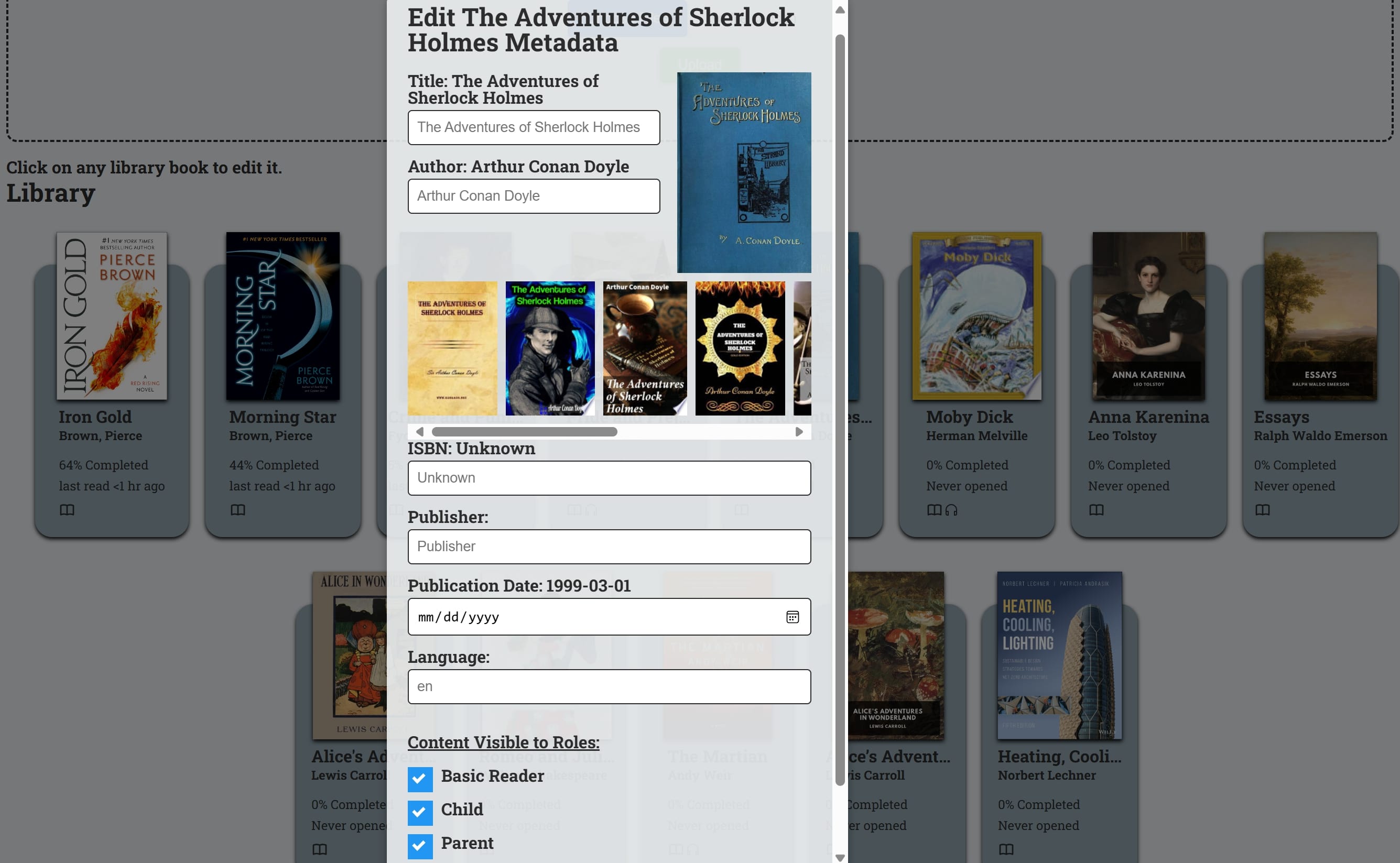 An image of the metadata for the book 'Sherlock Holmes' being changed, with various text boxes to change metadata, and different covers to use.