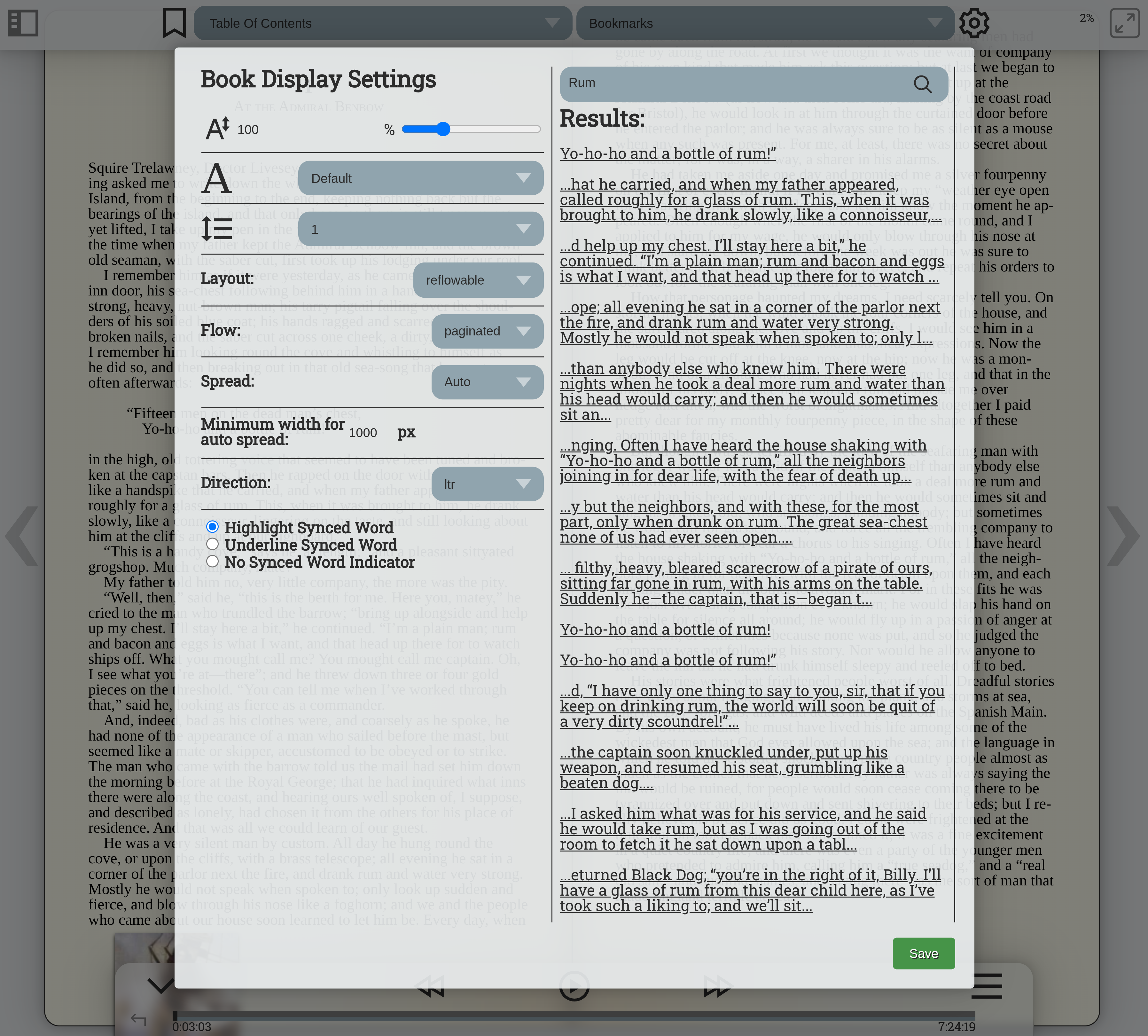 A settings modal inside of the book being read. The modal has options to change font, font size, and line spacing. It also has a text search bar with results