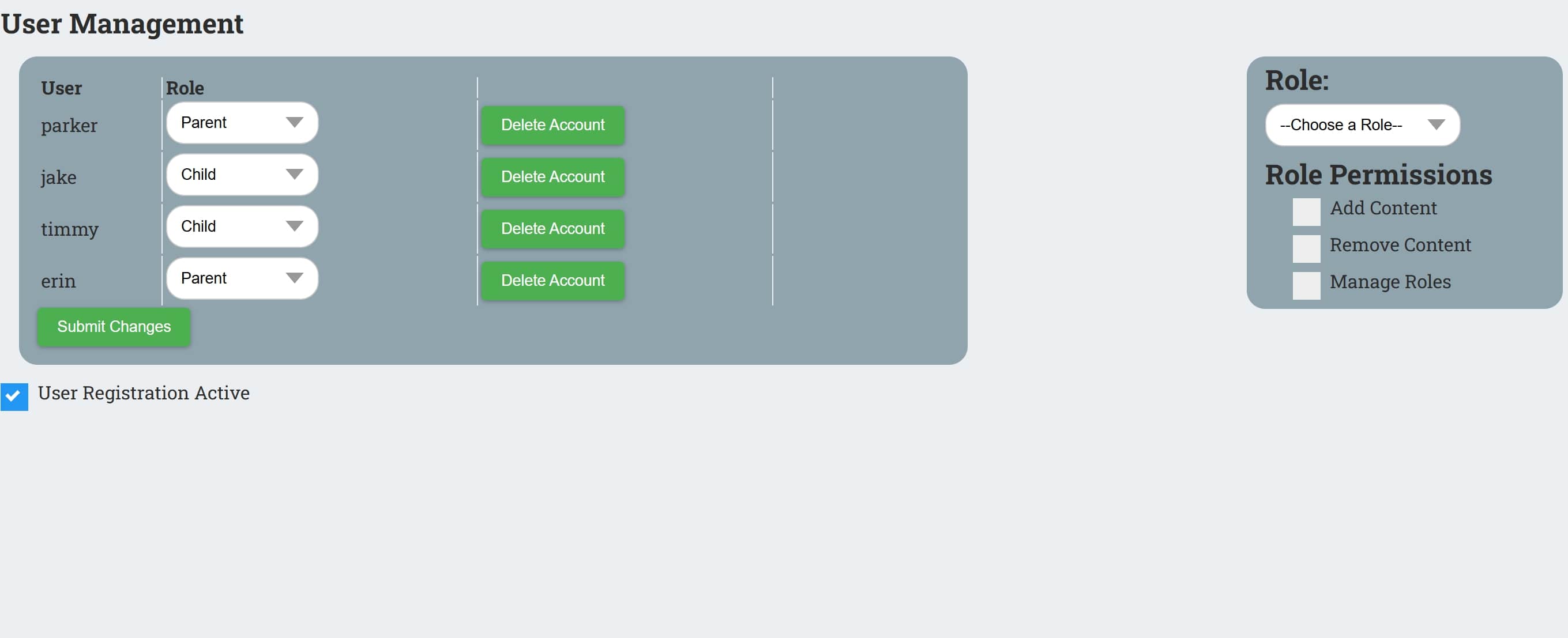 An image of the user management page, showing 4 users, two with the parent role and two with the child role. There is also a menu for creating new roles, and a button for enabling or disabling new user registrations.