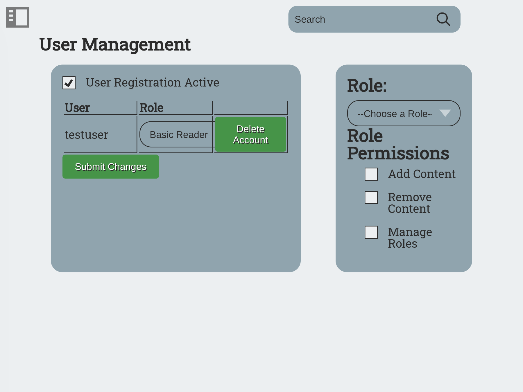 An image of the user management page. There is a menu for creating new roles, and a button for enabling or disabling new user registrations.